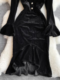 Zjkrl - Autumn Women Black Mesh Patchwork Velvet Party Dress Elegant Stand Collar Flare Long Sleeve Ruffle Mermaid Robe Female 2023 New