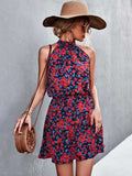 Zjkrl - 2023 Summer Short Floral Dress Women Sleeveless Mini Halter Boho Dress Ladies Sundress Flower Holiday Party Dress For Women Red