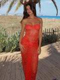 Women Strapless Backless Sexy Dress Lace Hollow Out Ruched Off Shoulder Midi Dress Ladies Chic Slim Outfits 2023