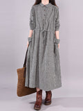 Zjkrl - Dresses for Women Loose Stitching Cotton and Linen Plaid Long-sleeved Dress Women's Lace-up Waist Midi Skirt  Elegantly
