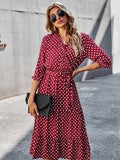 Zjkrl Autumn Winter Dot Bandage Dress Women Casual Ruffles V Neck High Waist Slim Print Long Dress New Fashion
