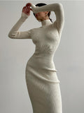 Zjkrl - Fashion High-neck Bodycon White Knitted Midi Dresses Women 2022 Autumn Winter Sexy Solid Color High Street Woolen Warm Dress