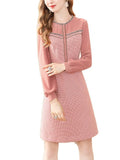 Zjkrl - Fashion Pink Long Sleeve Dress Winter High Waist Tweed French Women Party A-Line Dresses Knee Length Holiday Vestidos