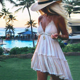 Zjkrl summer dress cotton lace pleated halter backless beach dresses V-neck sexy dress women bohemian vestidos 2023