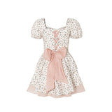 Sweet Casual Floral Mini Dress Lolita Style Vintage Short Sleeve Dress Beach Summer French Retro Short Party Dress Bow Chic