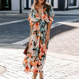 Zjkrl - 2023 Spring New Chiffon Dress V Collar Raglan Sleeve Beach Vestidos Boho Floral Printed Split Maxi Dress Mujer Robe Femme été