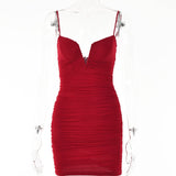 Spaghetti Strap Ruched Dress Women 2023 Spring Sexy Slim Elegant Clubwear Solid Sleeveless Backless Sheath Dress Female