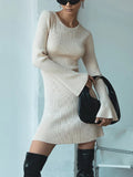 Zjkrl - Knitted Sweater Dress Women Sexy Backless Lace Up Mini Dress Female Round Neck Elegant Flare Long Sleeve Club Party Dresses