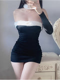 Zjkrl - Cute Loli Tight Mini Dress Strapless Long Sleeve Slim Hip High Waist New Sexy Sweet Spicy Black Elegant Korean  8G3B