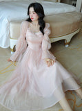 Zjkrl Elegant Evening Party Midi Dress Women Bubble Sleeve French Vintage Sweet Dress Female Pink Korean Style Fairy Dress Autumn