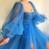 Zjkrl Simple Blue Prom Dresses Long Puff Sleeves Exposed Boning Illusion Evening Dresses High Slit Tulle A-Line Formal Gowns