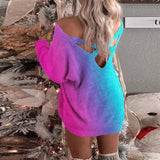 Zjkrl - Elegant Gradient Print Long Sleeve Mini Dress Fall O Neck Loose Knitted Dress Lady Sexy Criss-cross Backless Sweater Party Dress