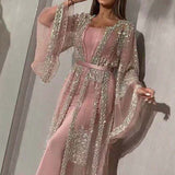 Zjkrl Fashion Sequins Mesh Mopping Maxi Dress French Vintage Belt Women Club Dress Elegant O Neck Flare Sleeve Lace Evening Dress