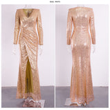 Zjkrl - Formal Dinner V Neck Long Sleeve Gold Stretch Sequin Evening Party Dress Split Full Lining Pad Shoulder Prom Gown Winter Women