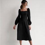 Zjkrl - Churses Red Party Dress New Year Fashion a Line Women Dress Puff Sleeve Zipper Square Collar 2023 New Midi Length Autumn Winter
