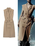 Zjkrl - Elegant Women Blazer Dresses With Belt Autumn Solid Notched Office Lady Dresses Sleeveless Double Breasted Vestidos