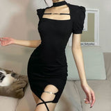 Zjkrl New Vintage Black Bandage Sexy Dress Spice Girls Hollow Out Short Sleeve Dress Women&#39;s Sweet Spicy Thin Skirt Halloween