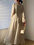 Zjkrl Elegant Dress For Women V Neck Lantern Sleeve High Waist Solid Ruched Minimalist Midi Dresses Female Clothing Style