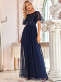 Zjkrl 2023 New Women's Burgundy A-Line Sequin Mesh Leaf Maxi Prom Dress Sparkle Evening Dresses O-Neck Short Sleeve Long Dress