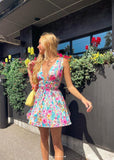 Zjkrl New Backless Sexy Women Mini Dress Sleeveless V Neck Backless Flower Print Summer Club Party Dress Sundress Streetwear S M L