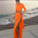 Orange Hollow Out Bodycon Maxi Dresses for Women Summer Sexy Twist Backless Slit Dress Long Sleeve Elegant Party Dress 2023