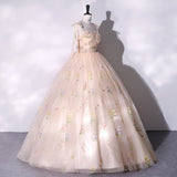 Zjkrl Fashion Spaghetti Strap Quinceanera Dresses New Champagne Colorful Floral Tulle Ball Gown Simple Sweet Fairy Vestido De Baile