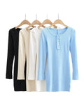 Zjkrl - Women Fashion Slim-fit Solid Mini Dress Vintage O-Neck Long Sleeves Single Breasted Female Chic Lady Dresses