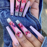Zjkrl - 24Pcs Full Cover False Nails Red Rhinestone Planet Long Ballerina Coffin Nail Tips Detachable Fake Nails Press on Nails Manicure