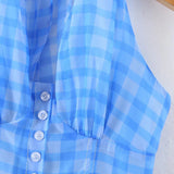 Romantic Women Blue Plaid Halter Long Dress Sexy Backless Sleeveless Ladies Holiday Summer Dresses Fairy Robe