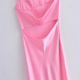 Zjkrl - 2023 New Women Hollow Design Silk Satin Texture Midi Suspender Dress Summer Sexy Revealing Back Slit Slim Pink Dress