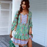Zjkrl - Bohe Vintage Floral Print Tassel Loose Summer Dress For Women Casual V-neck Ruffles Mini Dress Female Spring Holiday Party Dress