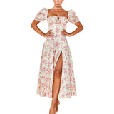 Zjkrl - Fashion Floral Printed Summer Dress  Women Puff Short Sleeve Casual BOHO Front Lace-Up Vintage Sundress Party Wear
