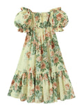 Summer Women Vintage Floral Print Big Swing Long Dress Puff Sleeve Female Sexy Off Shoulder Holiday Party Boho Dresses