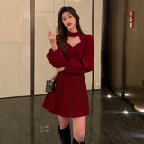 Zjkrl Red Velvet Elegant Party Mini Dress Women Sequins Long Sleeve Wram Vintage Dress Ladies Casual Korean A-line Dress 2023 New Year