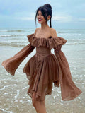 Zjkrl Elegant Chiffon Corset Dress Brown Flare Long Sleeve Mini Dresses Vacation Short Party Dress Ruffles Slash Neck Outfit