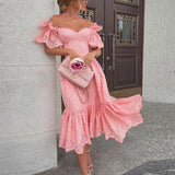 Women Sexy Hollow Out Solid Ruffles Dress Summer Loose Lace Patchwork Casual Dress Elegant Strapless Party Dresses Vestidos