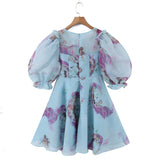 New Women Palace Style Floral Print Organza Dress Vintage Puff Sleeve Beautiful Girl Party Mini Robe Fairy Dress