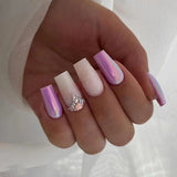 Zjkrl - 24Pcs Press On Nails Wearable Fake Nails Pink Gradient Glitter Butterfly Rhinestones False Nail Full Cover Acrylic Nail Tips