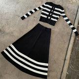 New Korean Fashion Casual Striped Knitted 2 Piece Set Women Sweater Cardigan Tops + Long Skirt Sets Female Sweet Two Piece Suits