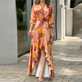 Zjkrl Women Maxi Dress Autumn Fashion Sexy V Neck Art Print Long Sleeve Slim irregular Ruffle Skirt Party Evening Dresses