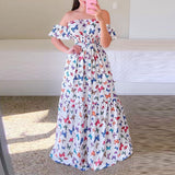 Zjkrl Sexy Off The Shoulder Tube Top Dress Butterfly Rainbow Floral Print Dress Ladies Elegant Slim Summer Bohemian Party Maxi Dresses