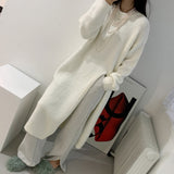 Retro Split Woolen Dress Women Sexy Autumn  White Solid O-neck Soft Long Knitted Dresses Women Clothing Winter Knitwear Chic