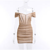 Women's Sexy Off Shoulder Tight Wrap Mini Dress Fashion Off Shoulder Pleated Hem Bodycon Dresses 2023 Female Party Club Dress