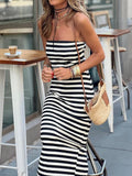 Split Maxi Dress Summer Women 2023 Loungewear Fashion Party Dress Sleeveless Sexy Striped Ladies Dress Streetwear