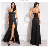 One Sleeve Strapless Long Ball Gown Split Leg Hollow Out Padded Black Glittered Party Maxi Dress