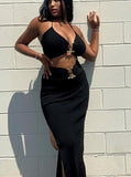 Zjkrl - 2023 Summer Cut Out Long Dress Black Sleeveless Women Metal Sexy Backless Halter Neck Maxi Dresses Party Club Clothes