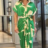 Zjkrl Women Summer Dress Casual Fashion Art Print Lapel Short Sleeve Single Row Button Tie Up Pleated Design Shirt Dresses