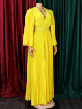 Zjkrl Sexy V-Neck Pleated Dinner Party Dress Women Yellow Elegant  with Belt Long Sleeve Robe Femme African Maxi Red Vestido