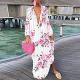 Zjkrl Women Elegant V Neck Loose Party Dress Lady Retro Printing Long Sleeve Holiday Dress Autumn Casual Femme Dress Streetwear