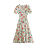 Women Floral Print Puff Short Sleeve Dress V Neck Romantic Ladies Holiday Summer Dresses French Style Vestido